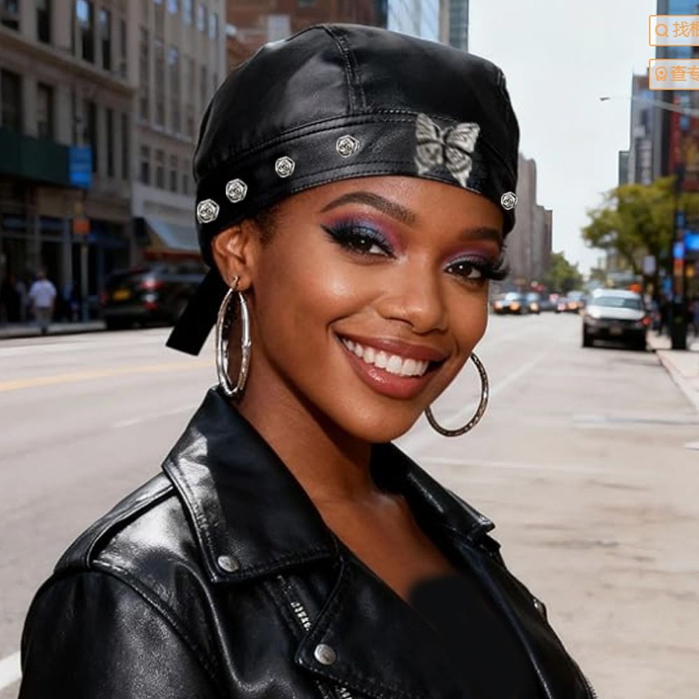 PU Leather Black Biker Cap Adj - Bandana Doo Rag review and price